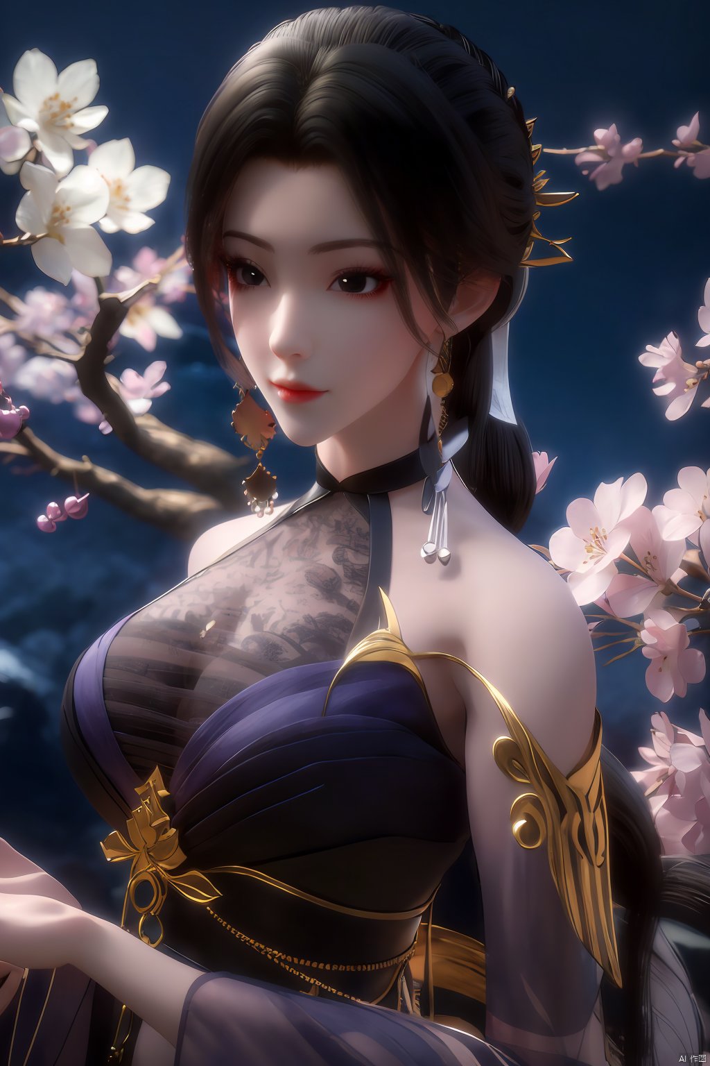  Upper body, panoramic view, exploring cherry blossom branches, fairyland, light blue elements, night, side light shining on the face,Xlujiejie,Xyunxi, Xlongnv, Yunxiao_Fairy,Xtianhu