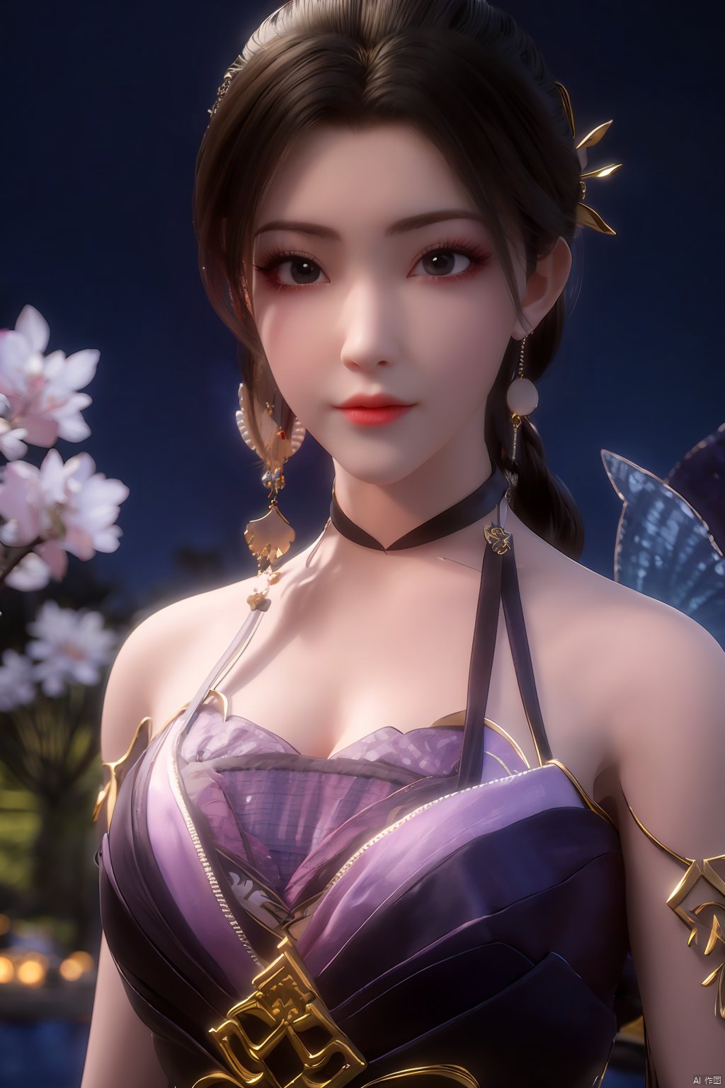  Upper body, panoramic view, exploring cherry blossom branches, fairyland, light blue elements, night, side light shining on the face,Xlujiejie,Xyunxi, Xlongnv, Yunxiao_Fairy,Xtianhu