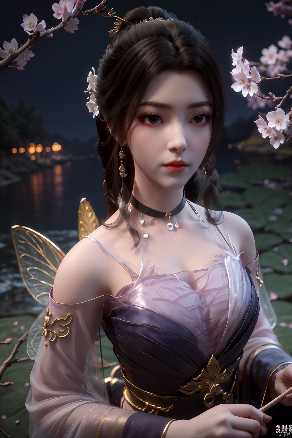  Upper body, panoramic view, exploring cherry blossom branches, fairyland, light blue elements, night, side light shining on the face,Xlujiejie,Xyunxi, Xlongnv, Yunxiao_Fairy,Xtianhu