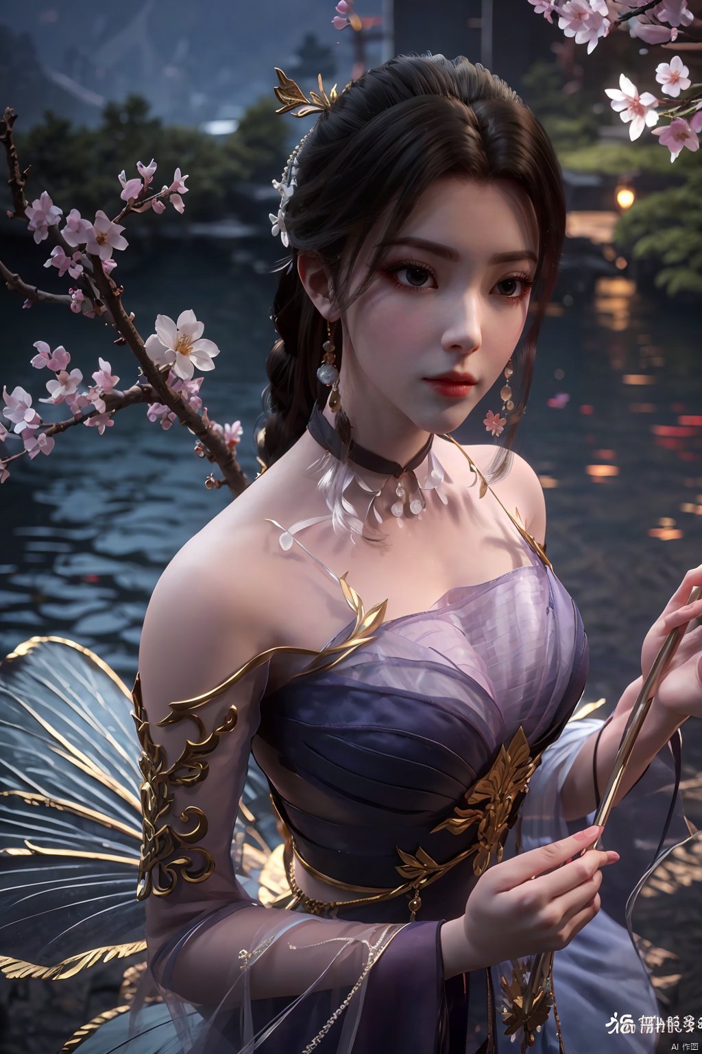  Upper body, panoramic view, exploring cherry blossom branches, fairyland, light blue elements, night, side light shining on the face,Xlujiejie,Xyunxi, Xlongnv, Yunxiao_Fairy,Xtianhu