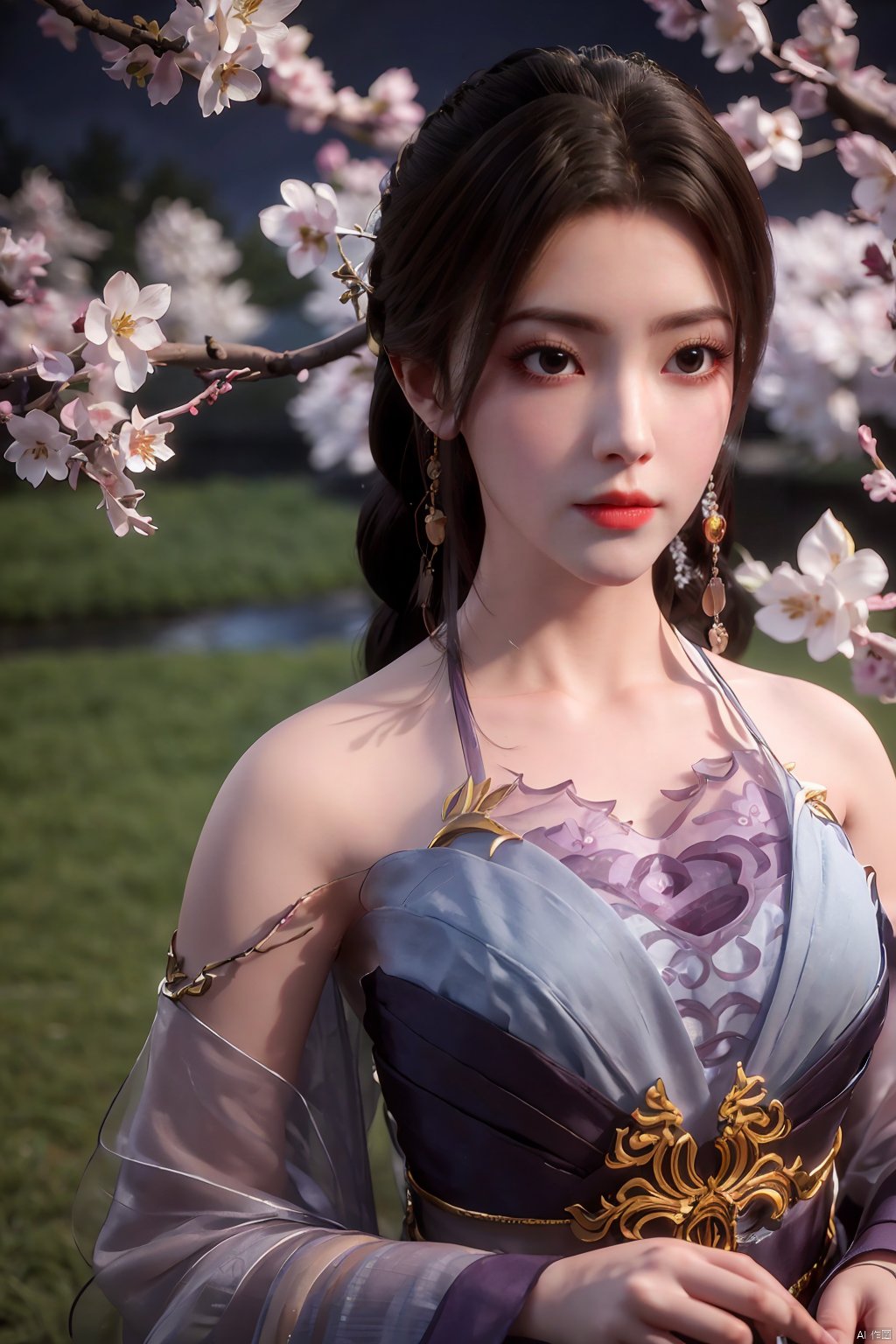  Upper body, panoramic view, exploring cherry blossom branches, fairyland, light blue elements, night, side light shining on the face,Xlujiejie,Xyunxi, Xlongnv, Yunxiao_Fairy,Xtianhu