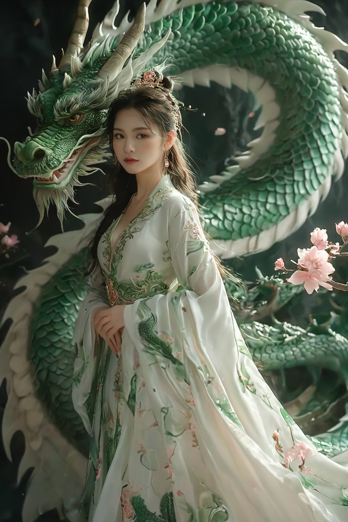 A serene scene where a woman, adorned in a traditional green and white dress, stands gracefully beside a majestic green dragon. The woman wears an ornate headpiece and holds a delicate object in her hand. The dragon, with its intricate scales and fierce yet calm expression, wraps around her, creating a protective and harmonious bond between them. The backdrop is dark, with subtle lighting highlighting the dragon and the woman, and there are floating pink flowers adding to the ethereal atmosphere.,xxmixgirl