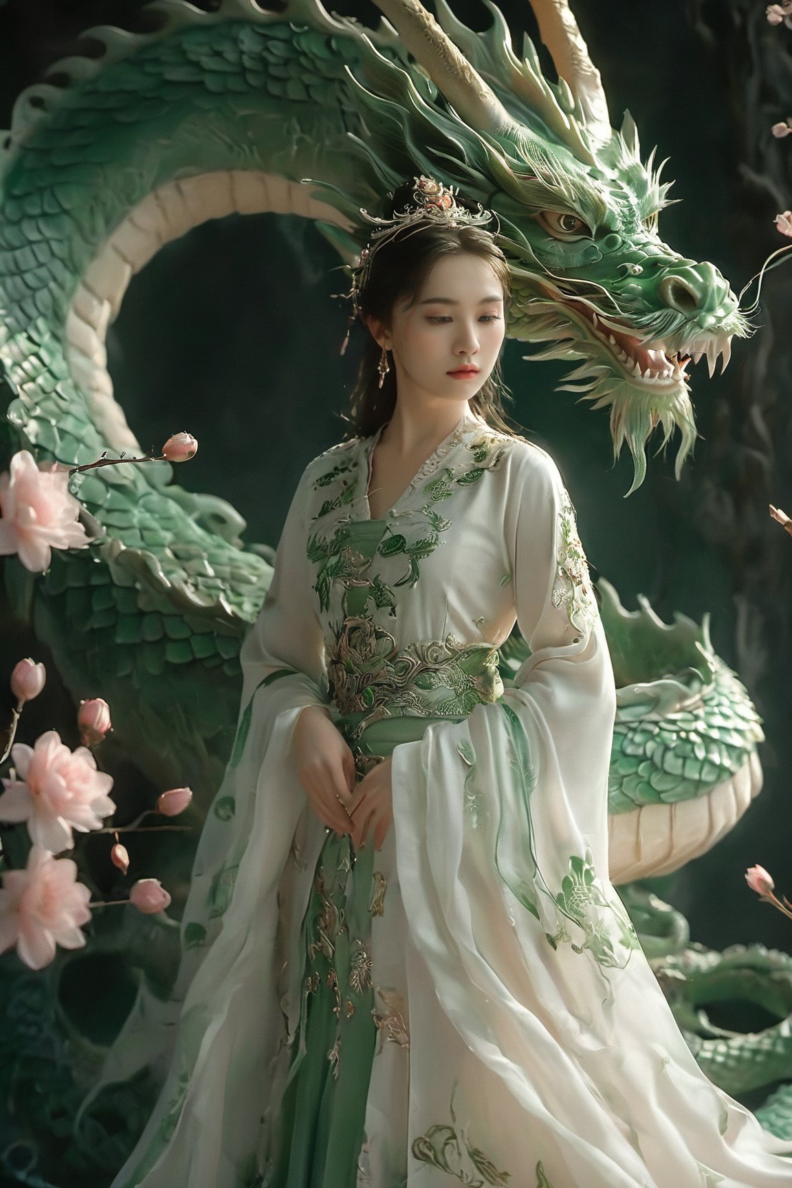 A serene scene where a woman, adorned in a traditional green and white dress, stands gracefully beside a majestic green dragon. The woman wears an ornate headpiece and holds a delicate object in her hand. The dragon, with its intricate scales and fierce yet calm expression, wraps around her, creating a protective and harmonious bond between them. The backdrop is dark, with subtle lighting highlighting the dragon and the woman, and there are floating pink flowers adding to the ethereal atmosphere.,xxmixgirl