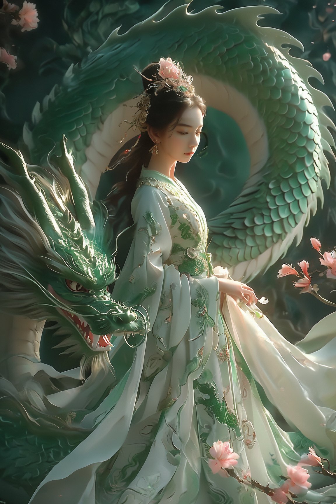 A serene scene where a woman, adorned in a traditional green and white dress, stands gracefully beside a majestic green dragon. The woman wears an ornate headpiece and holds a delicate object in her hand. The dragon, with its intricate scales and fierce yet calm expression, wraps around her, creating a protective and harmonious bond between them. The backdrop is dark, with subtle lighting highlighting the dragon and the woman, and there are floating pink flowers adding to the ethereal atmosphere.,xxmixgirl