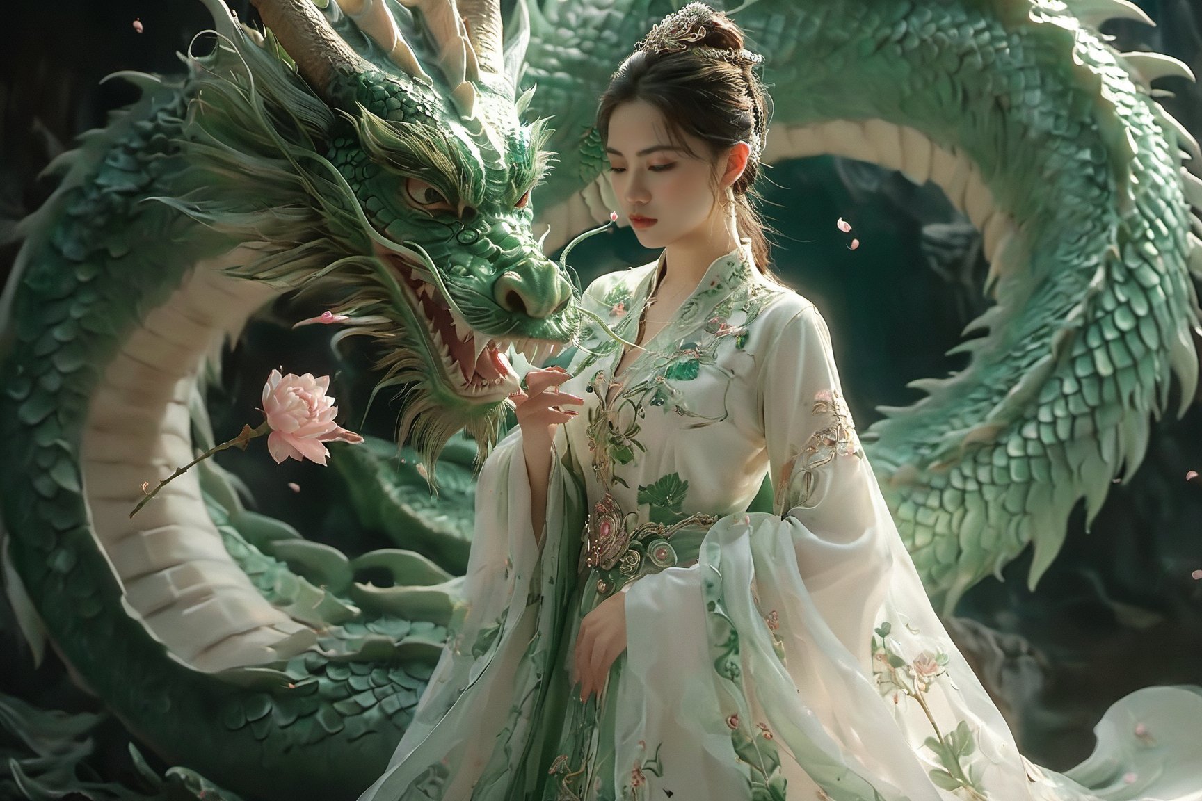 A serene scene where a woman, adorned in a traditional green and white dress, stands gracefully beside a majestic green dragon. The woman wears an ornate headpiece and holds a delicate object in her hand. The dragon, with its intricate scales and fierce yet calm expression, wraps around her, creating a protective and harmonious bond between them. The backdrop is dark, with subtle lighting highlighting the dragon and the woman, and there are floating pink flowers adding to the ethereal atmosphere.,xxmixgirl