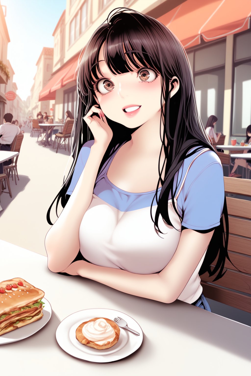 casual outfit , at cafe , beautiful  town , in public , 
BREAK , 
score_9, score_8_up, score_7_up, score_6, score_5, score_4, ( masterpiece , ultra Detailed  ) , 
jeongsookdef , brown eyes, black hair , long hair , 