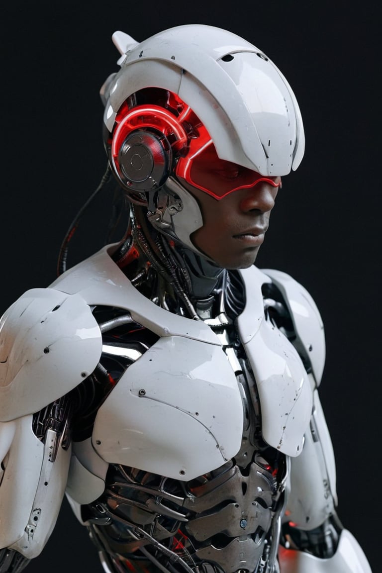 1boy, dark skinned, cyborg plated scalp, red tubes, cyborg half glass helmet, cyborg armor, white plated cyborg armor, CYT