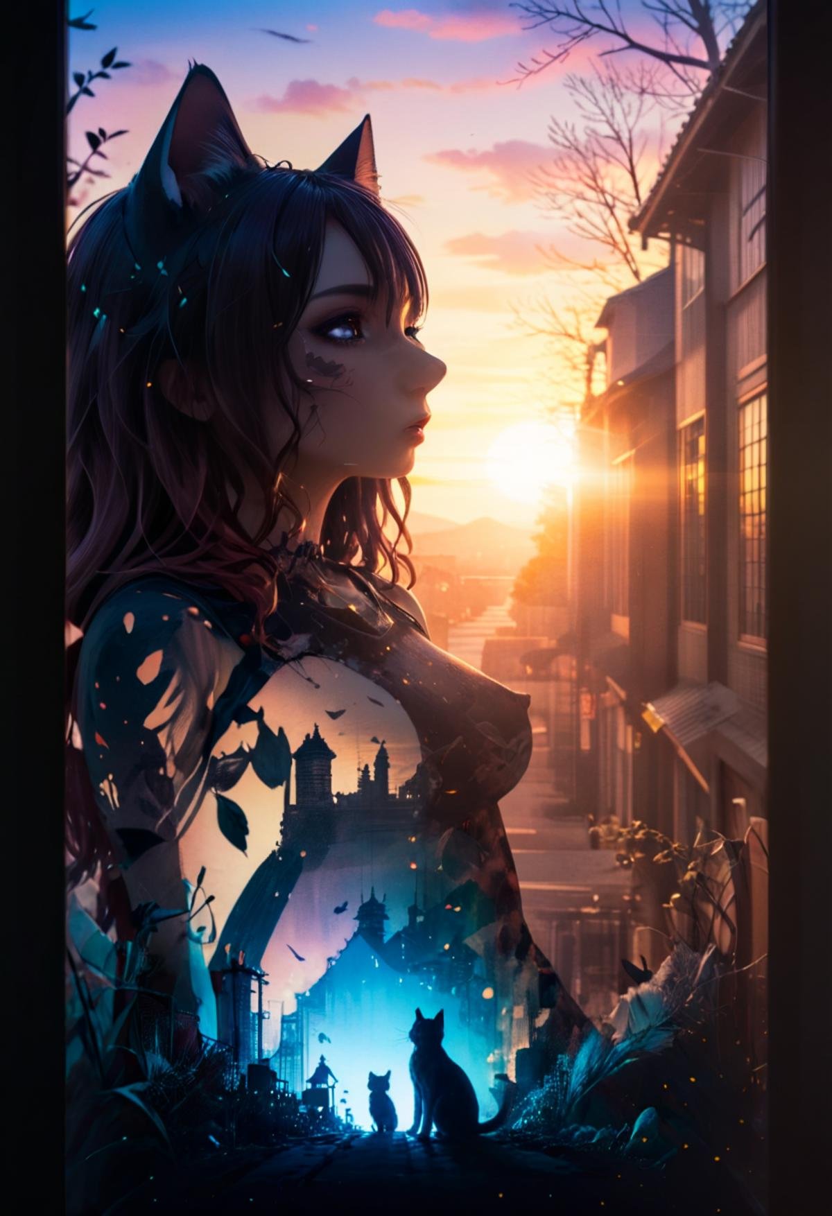 no scars to your beautiful kitten" double exposure collage art illustration, silhouette art, fantasy, hdr, vibrant, surrealism, hyperdetailed, hypermaximalist illustration, art by Anime Key Visual, Japanese Manga, Pixiv, Zerochan, Anime art, Fantia