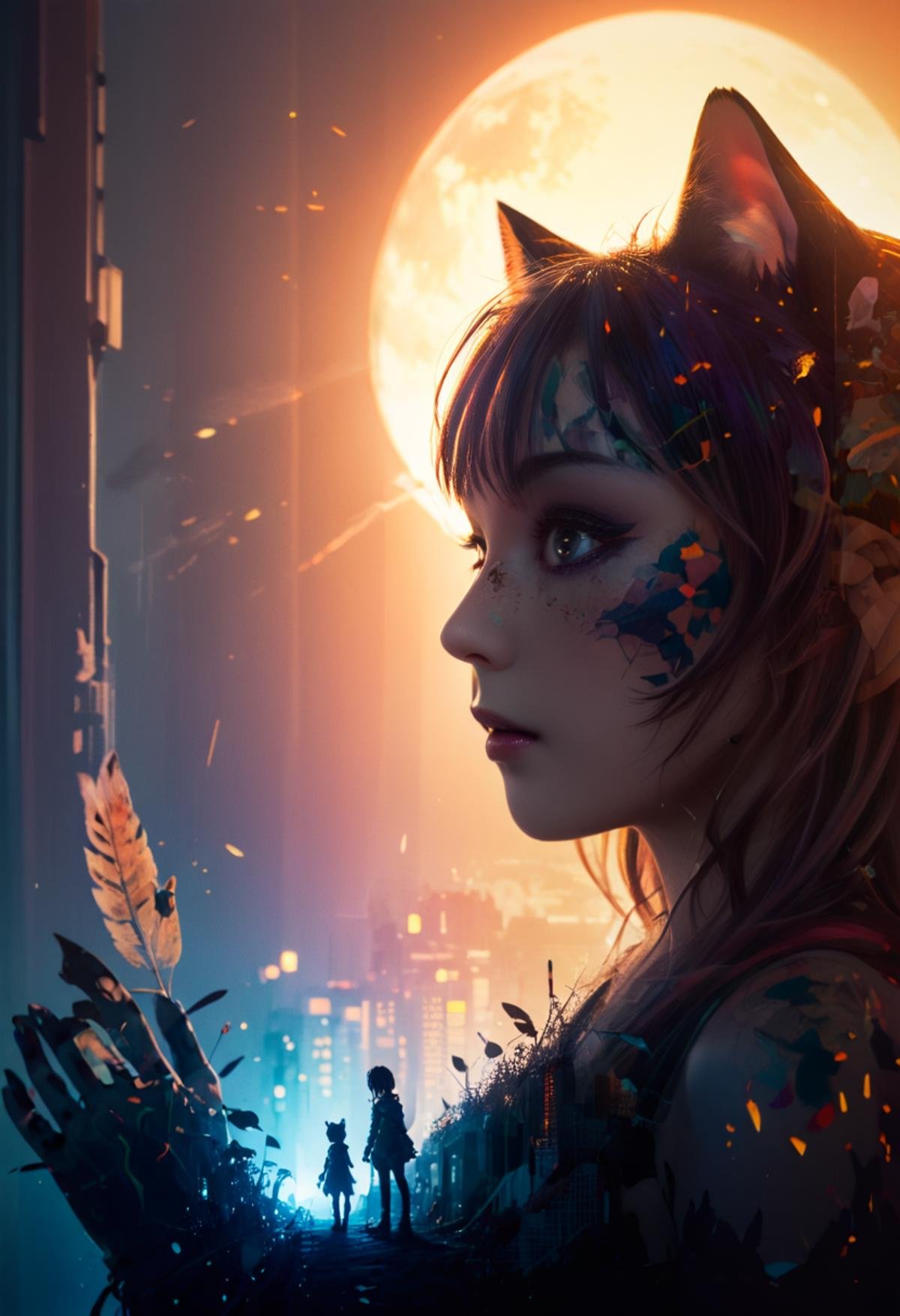 no scars to your beautiful kitten" double exposure collage art illustration, silhouette art, fantasy, hdr, vibrant, surrealism, hyperdetailed, hypermaximalist illustration, art by Anime Key Visual, Japanese Manga, Pixiv, Zerochan, Anime art, Fantia