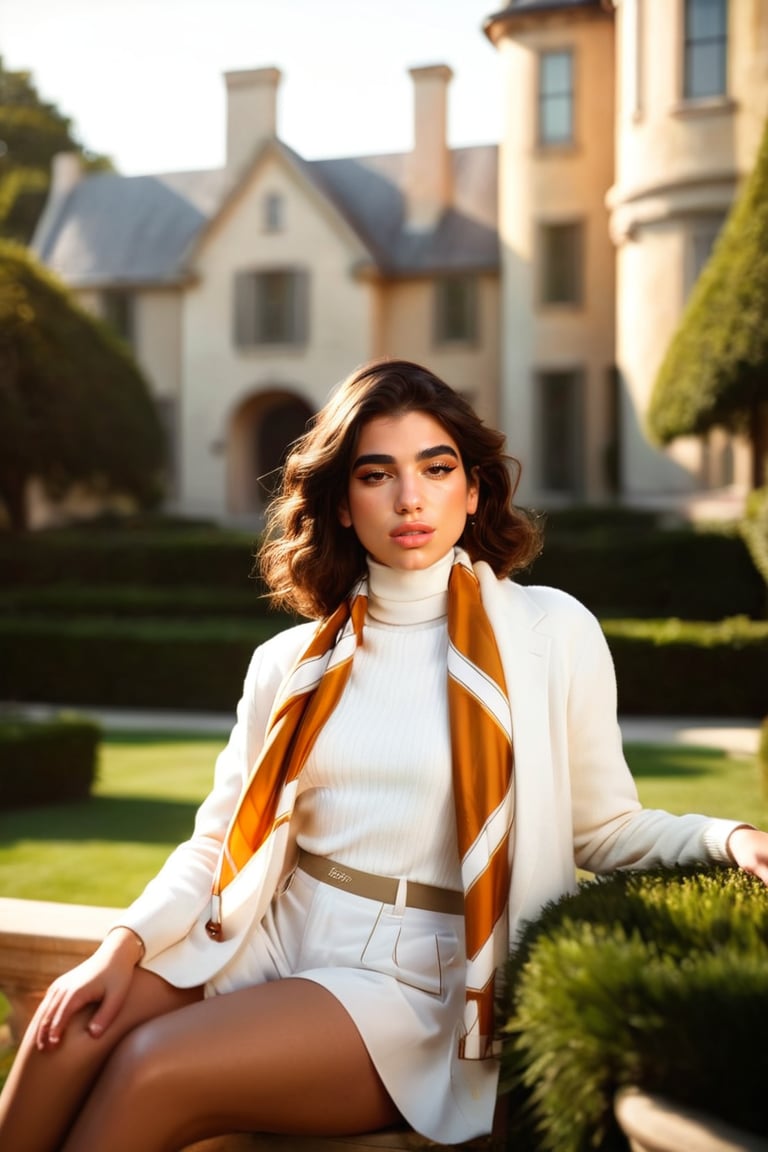 HQ photography, closeup portrait, sharp focus, bokeh background, high contrast, In a serene, cinematic setting, a lovely, young woman, reminiscent of Angeline, sits in a luxurious mansion garden, Degas-like attention to detail captures every curl and curve of her body. In the background, a luxurious old mansion bathed by the afternoon sun rays, creating a sense of depth and atmosphere. The overall effect is stunning, with cinematic flair, masterpiece, shines brightly on ArtStation, trending for all to admire.,oldmoney outfit, white beige color palette, Rembrandt Lighting Style,oldmoney,photorealistic,(((turtleneck sweater))), white blazer, shorts, wide shorts, (((silk scarf))),Kodak Motion Picture Film Style, Kodak Motion Picture Film, ,dualipa, Dua Lipa,