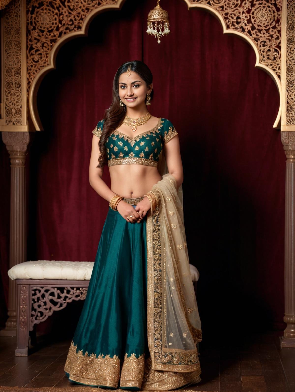 An Indian female model,  indoor studio,  wearing a traditional Muslim wedding lehenga and golden jewelry by EfficArt Studi...