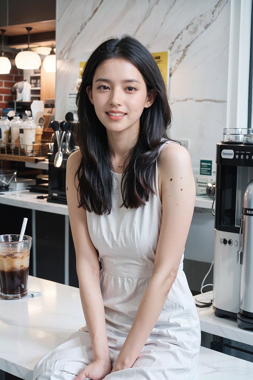 1girl, beautiful, black hair, long hair, smiling, coffee shop, sitting, (20yo:1.3), detailed eyes, light blush, white dress, (flowers in hair:1.1), looking at viewer, counter, espresso machine, cups, pastries, warm lighting, cosy atmosphere, beautifully detailed background, realistic, ambient light, (cinematic composition:1.3), HDR, Accent Lighting, wide-angle lens, best quality, masterpiece.