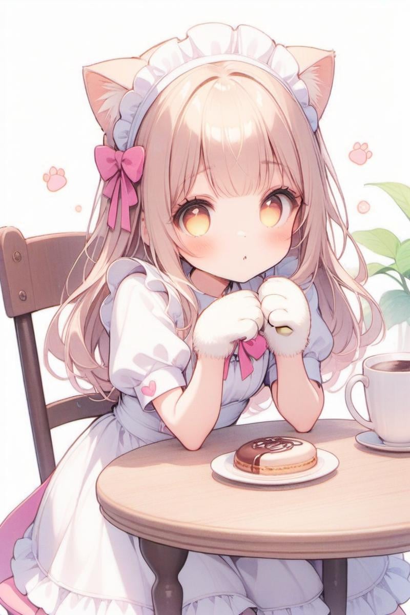 1girl,outfit,cocoa\(coffee\),table,chair,sit,cat hands, maid dress with cat ears,pet pose,paws,brown long hair,no pupils