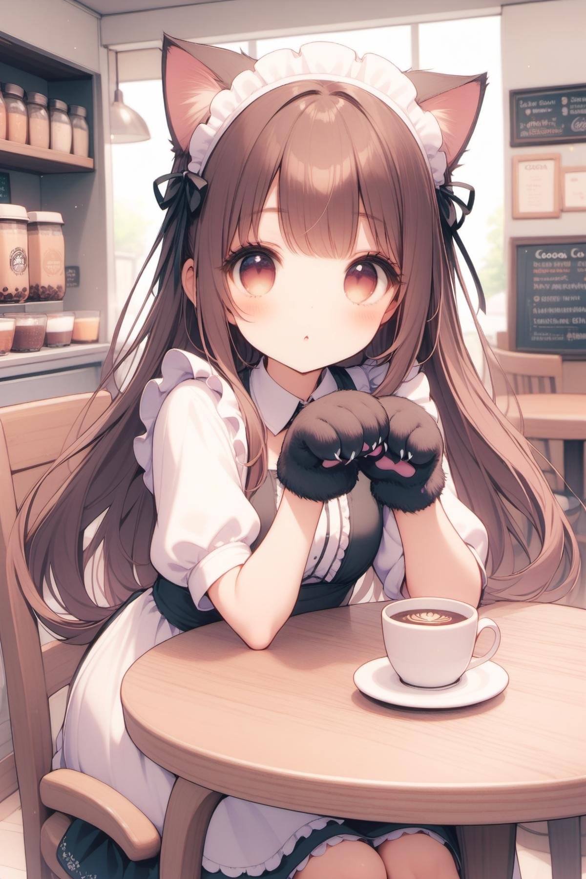 1girl,outfit,cocoa\(drink\),table,chair,sit,cat hands, maid dress with cat ears,pet pose,paws,dark brown hair,long hair,no pupils,coffee shop