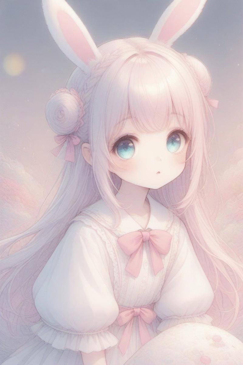 (rabbit ears),pink hair,double bun,braided bun,(wavy long hair),child,aqua eyes,parted_lips,short elf ears or short pointy_ears,sleepy,sitting,sketch style with color line,