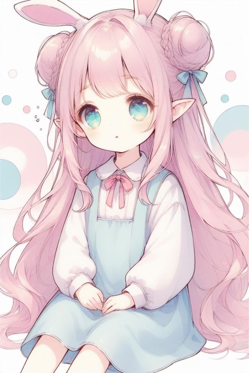 (rabbit ears),pink hair,double bun,braided bun,(wavy long hair),child,aqua eyes,parted_lips,short elf ears or short pointy_ears,sleepy,sitting,sketch style ,delicate soft colored lines,simple background,circle background,