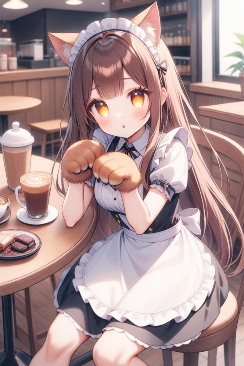 outfit,cocoa\(drink\),table,chair,sit,cat hands, maid dress with cat ears,pet pose,paws,dark brown hair,long hair,no pupils,coffee shop,brown eyes,  