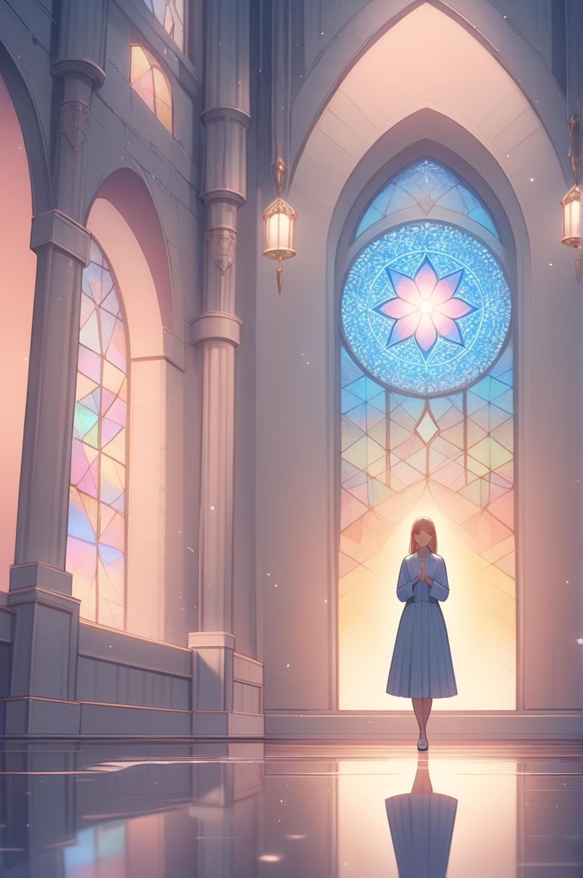 1girl, wide shot,colorful light,particle,full body,vigor,motion,glowing magic circle,dim light,high contrast,side shot,wallpaper like,detailed item,indoors,inside castle,beautiful landscape,plumeria\(flowers\),Stained glass,metal silver frame,praying,closed eyes,leftside,reflection ground,Solemn scene,