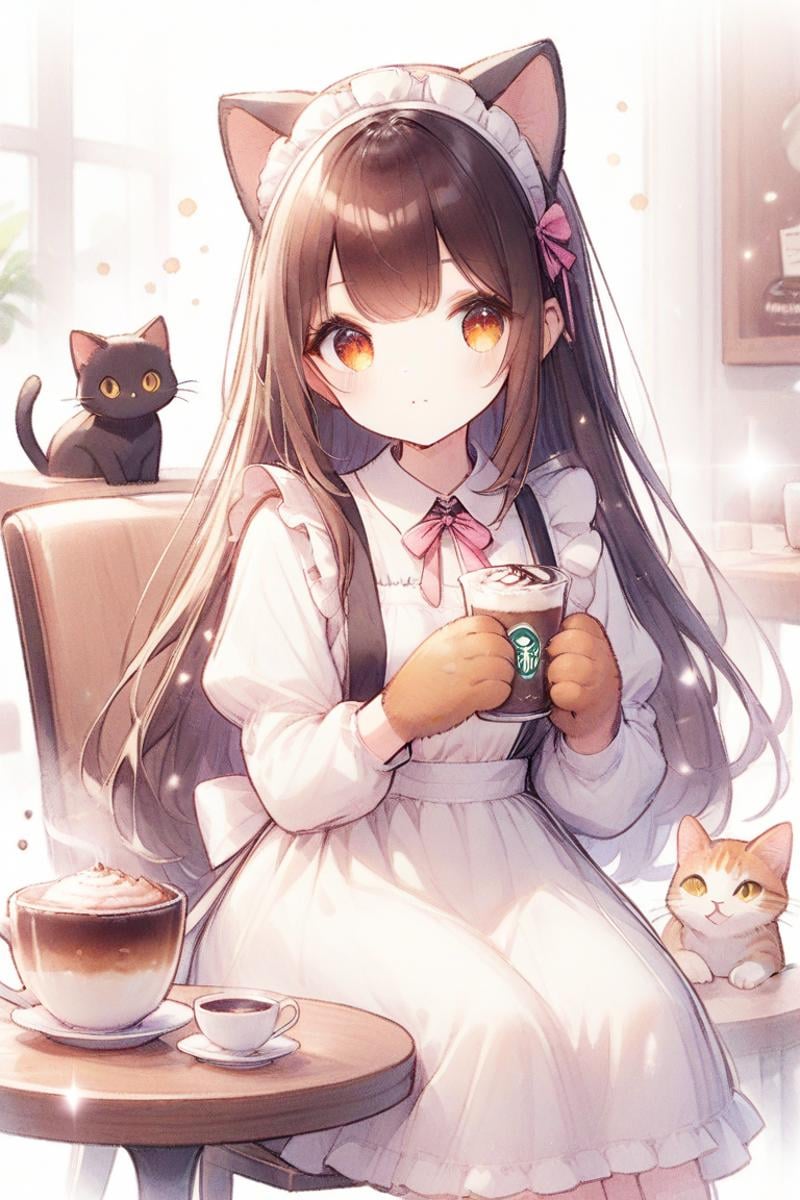 particle effect,concept art, 1girl,outfit,cocoa\(drink\),table,chair,sit,cat hands, maid dress with cat ears,pet pose,paws,dark brown hair,long hair,coffee shop,brown eyes,