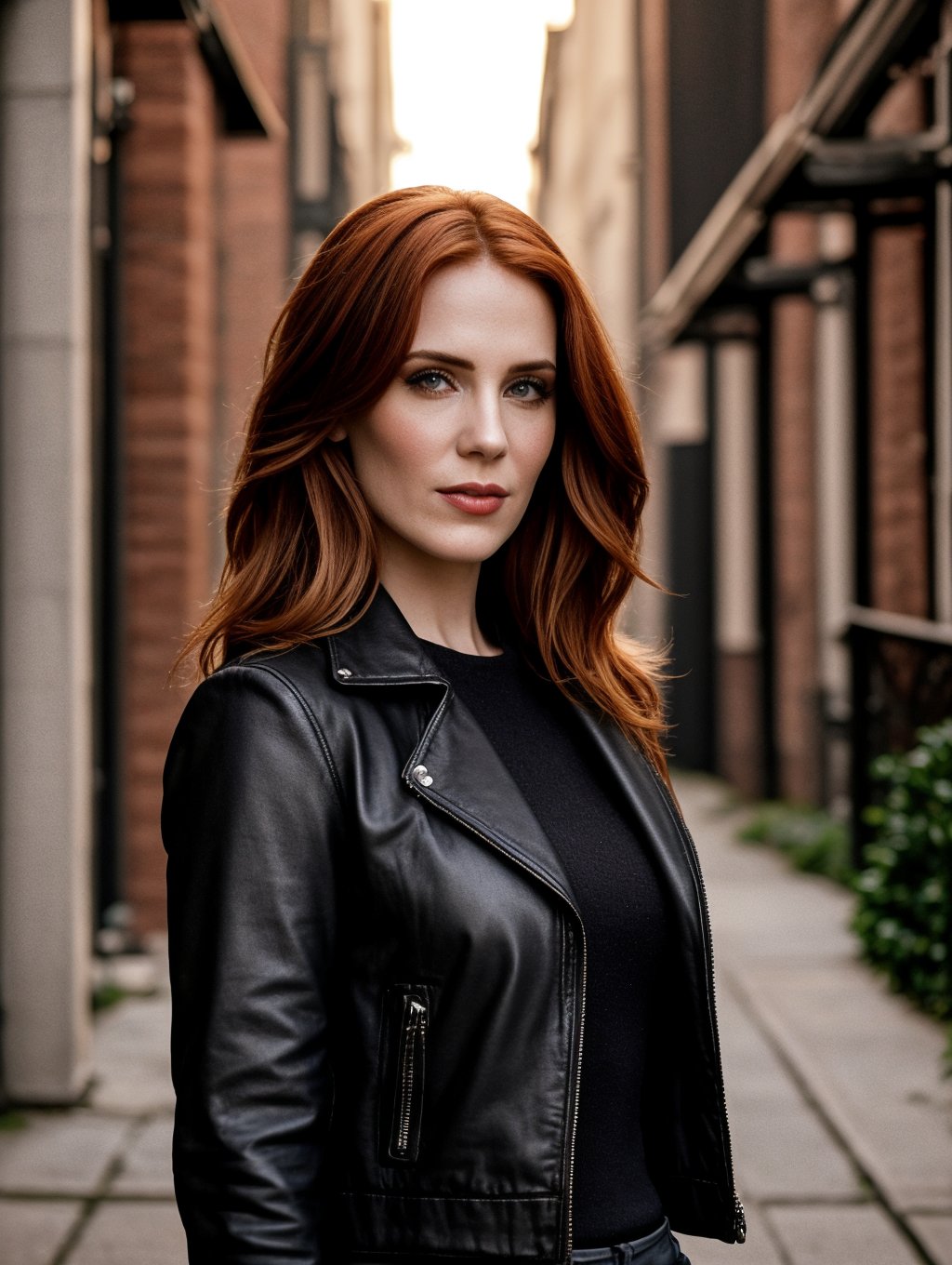 Soft Lighting Photography, portrait of a redhedad woman with long straight and silky hair, stands against a alley. she is wearing a black leather jacket paired with black jeans. The background blurs, while the subject's takes center stage in this photo. natural lighting, detailed skin.