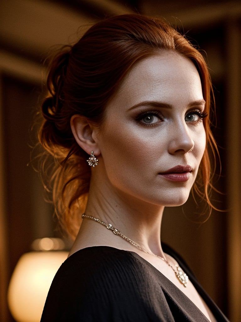 soft Lighting Photography, a portrait of a redhead woman wearing a elegant black dress. She is wearing earrings and a necklace that highlight her feminine features. The glow of night accentuate her striking body shape. Detailed skin face and eyes, natural lighting, makeup, eyeliner, bun hairstyle, bangs, indoors, 