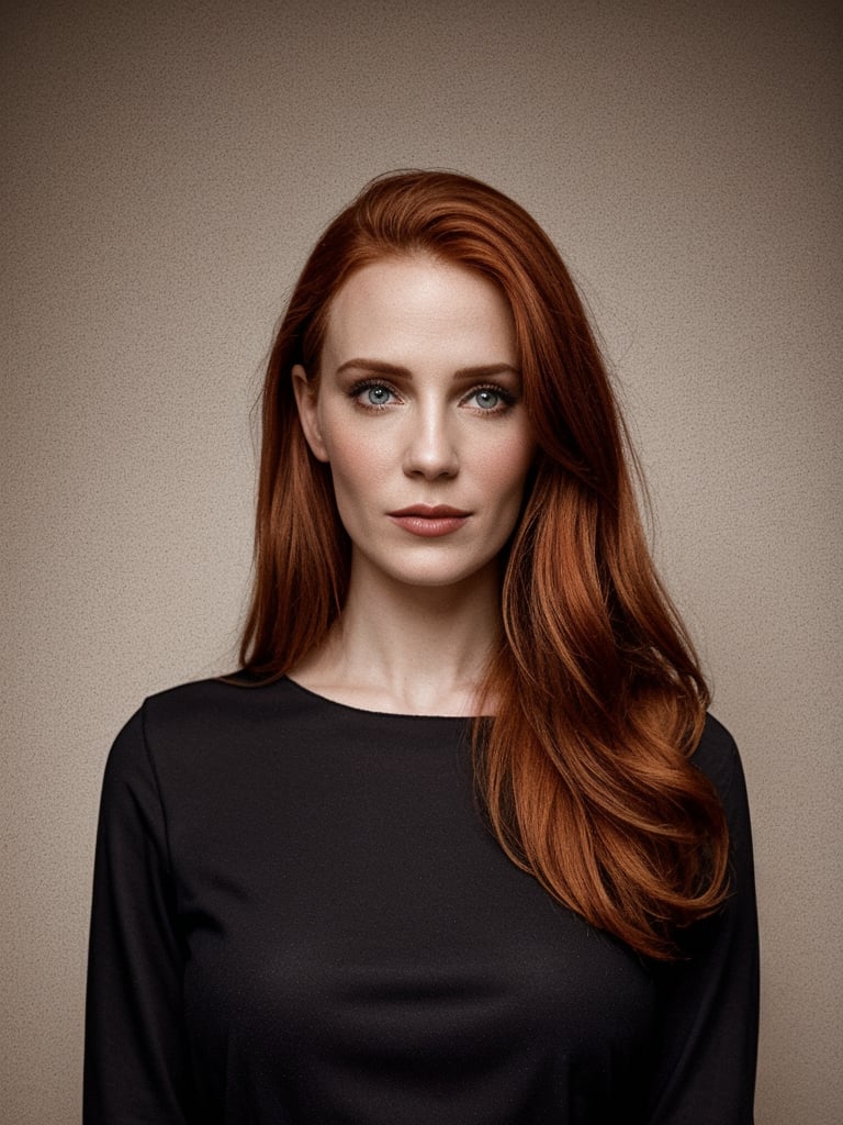 Portrait of a young redhead woman with long straight hair, her porcelain skin illuminated by soft, gentle light. A subtle smattering of makeup accentuates her features without overpowering them. She wears a black blouse, as she stand in front of a black studio background.