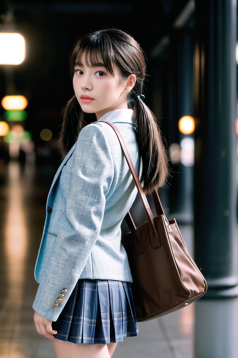 1girl,solo,twintails,school uniform,blazer,checkered skirt,miniskirt,loose socks,pumps,round toes,tote bag,station square,stand leaning against a pillar,bored,operating smartphone,night,highly detailed beautiful face and eyes,chromatic_aberration,bokeh,(depth of field:1.1),chromatic_aberration,psychedelic background,best quality,masterpiece,cinematic lighting
BREAK 
imagine Minimalist Y2K portrait of a girl with bubbly white haircut using Hasselblad camera on white backdrop, by photographer Juergen Teller, retro young Korean idol, sharp contrasty lighting with subtle shadows, desaturated color palette with light baby blue accent, extremely fine details in hair strands and denim textures, 8K ultra high definition studio editorial style