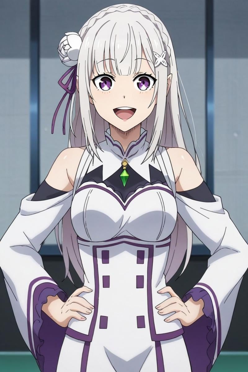 score_9, score_8_up, score_7_up, source_anime, anime screencap, rating_safe, , looking at viewer, , 1girl, emilia \(re:zero\), re:zero kara hajimeru isekai seikatsu, purple eyes, x hair ornament, solo, wide angle, wide shot, cowboy shot, great wall of china, indoors, light, hands on hips, laughing, <lora:blue_lock_style_pony:1.02>, blue_lock_style, , <lora:sdxl_lightning_8step_lora:1>