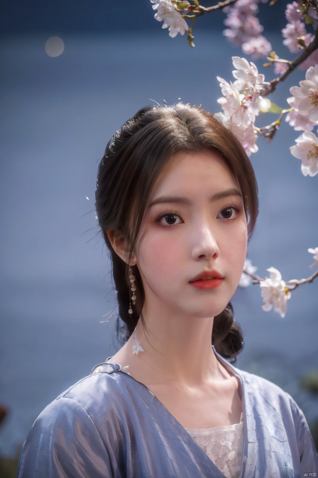  Upper body, panoramic view, exploring cherry blossom branches, fairyland, light blue elements, night, side light shining on the face,Xlujiejie,Xyunxi, Xlongnv, Yunxiao_Fairy,Xtianhu,1girl