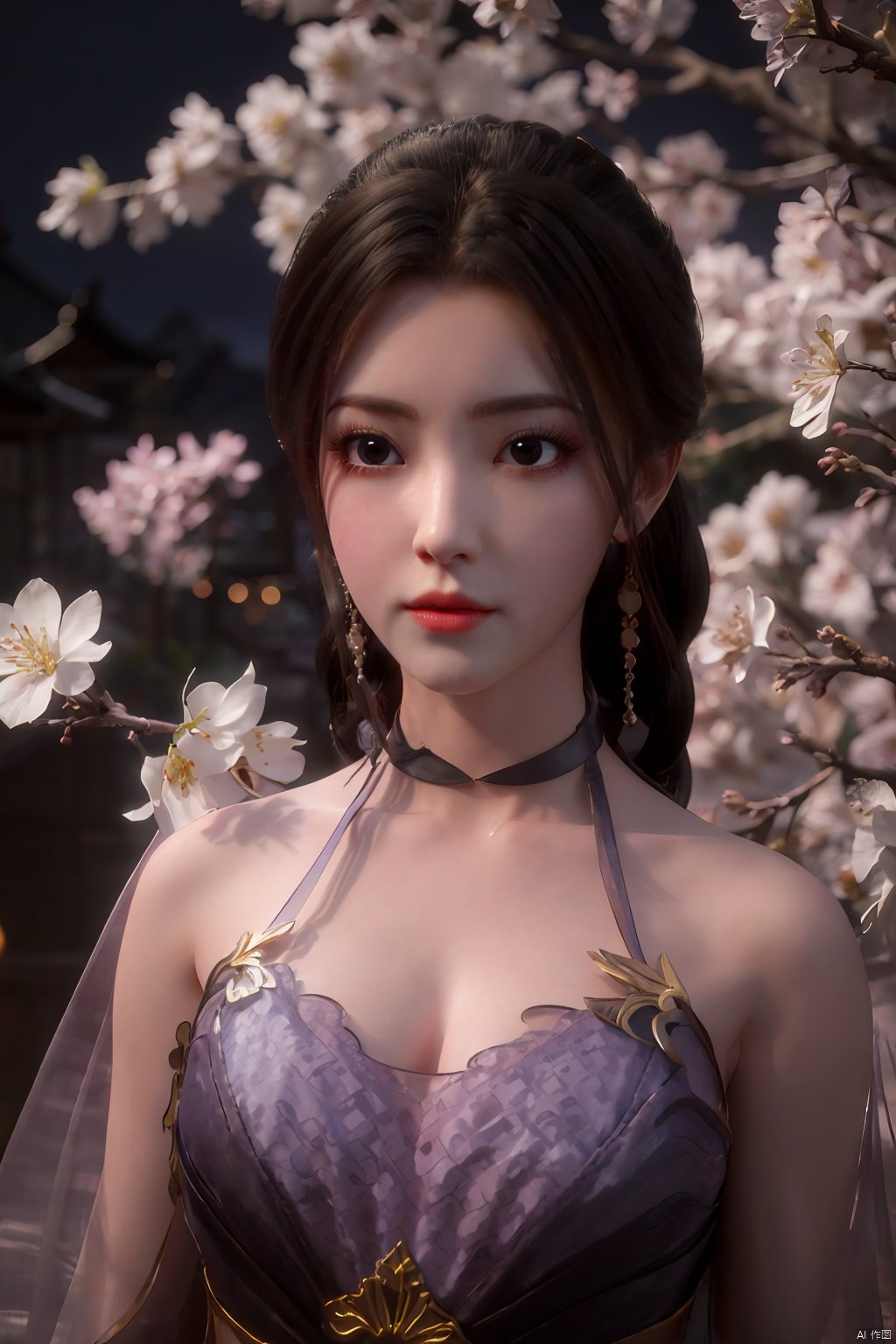  Upper body, panoramic view, exploring cherry blossom branches, fairyland, light blue elements, night, side light shining on the face,Xlujiejie,Xyunxi, Xlongnv, Yunxiao_Fairy,Xtianhu