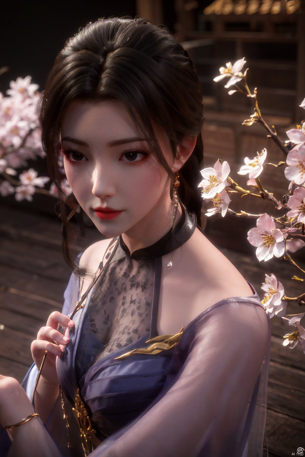  Upper body, panoramic view, exploring cherry blossom branches, fairyland, light blue elements, night, side light shining on the face,Xlujiejie,Xyunxi, Xlongnv, Yunxiao_Fairy,Xtianhu