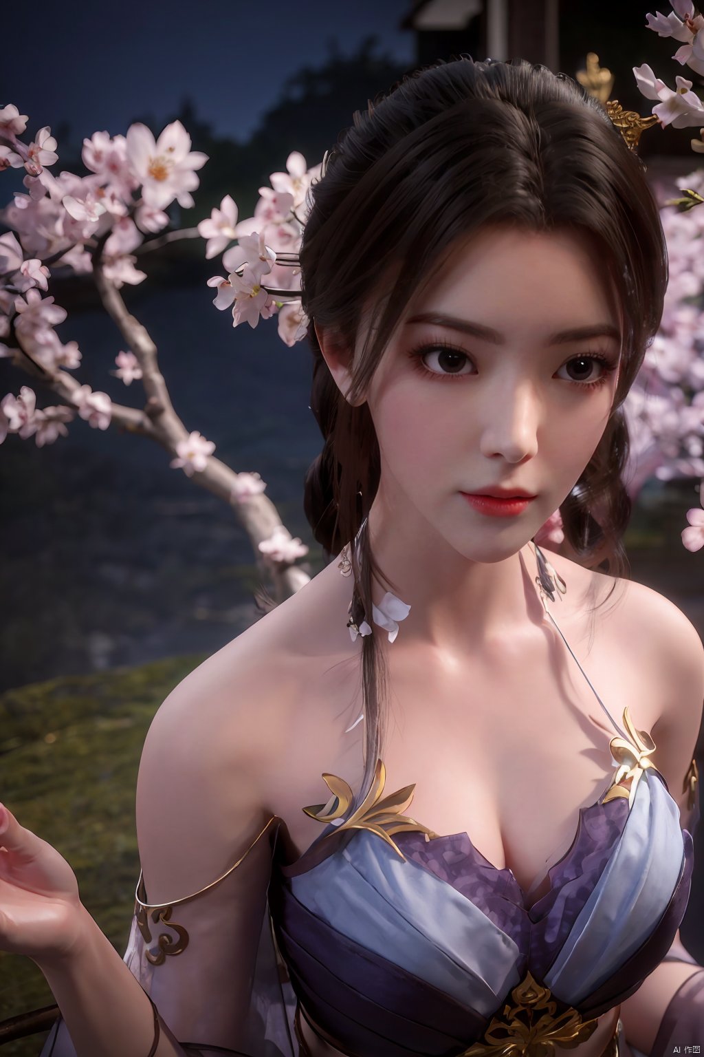  Upper body, panoramic view, exploring cherry blossom branches, fairyland, light blue elements, night, side light shining on the face,Xlujiejie,Xyunxi, Xlongnv, Yunxiao_Fairy,Xtianhu