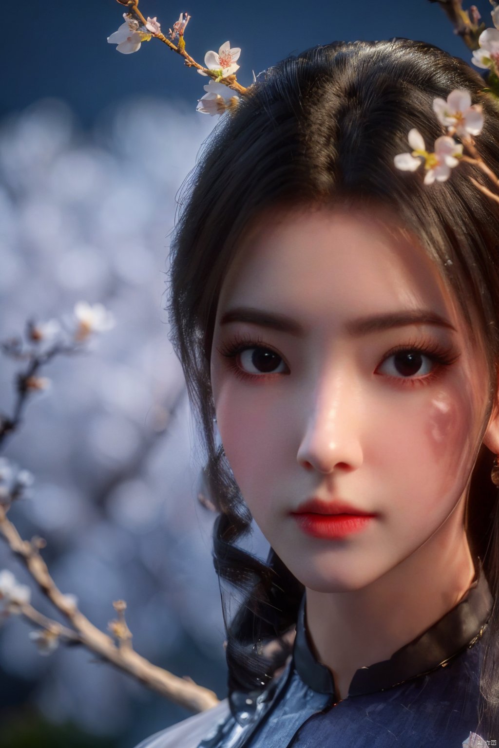  Upper body, panoramic view, exploring cherry blossom branches, fairyland, light blue elements, night, side light shining on the face,Xlujiejie,Xyunxi, Xlongnv, Yunxiao_Fairy,Xtianhu,1girl, 