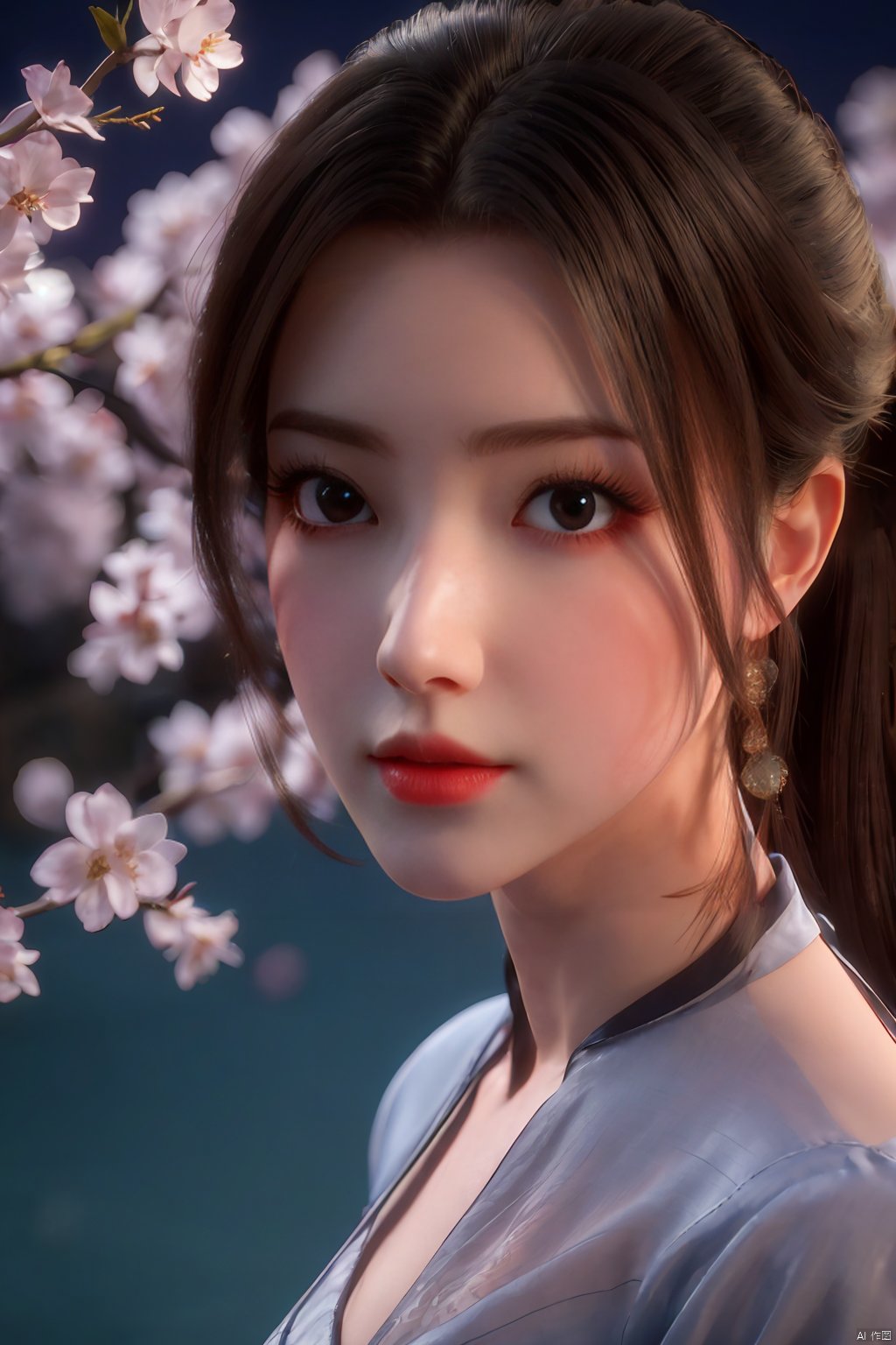  Upper body, panoramic view, exploring cherry blossom branches, fairyland, light blue elements, night, side light shining on the face,Xlujiejie,Xyunxi, Xlongnv, Yunxiao_Fairy,Xtianhu