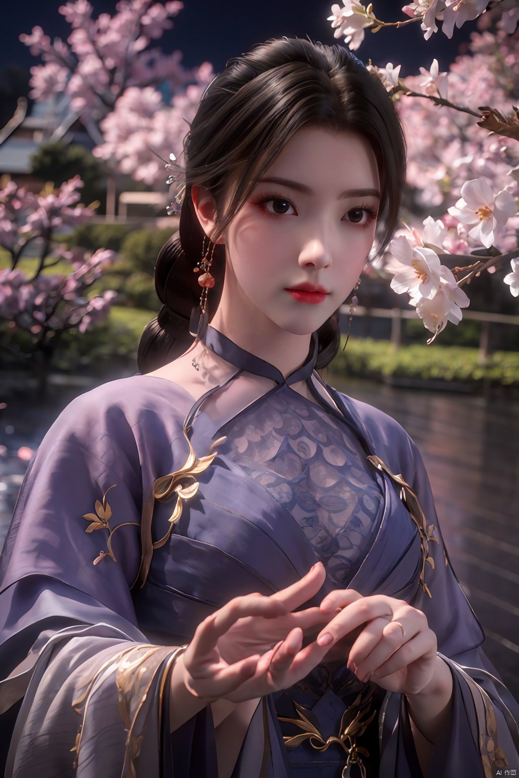  Upper body, panoramic view, exploring cherry blossom branches, fairyland, light blue elements, night, side light shining on the face,Xlujiejie,Xyunxi, Xlongnv, Yunxiao_Fairy,Xtianhu