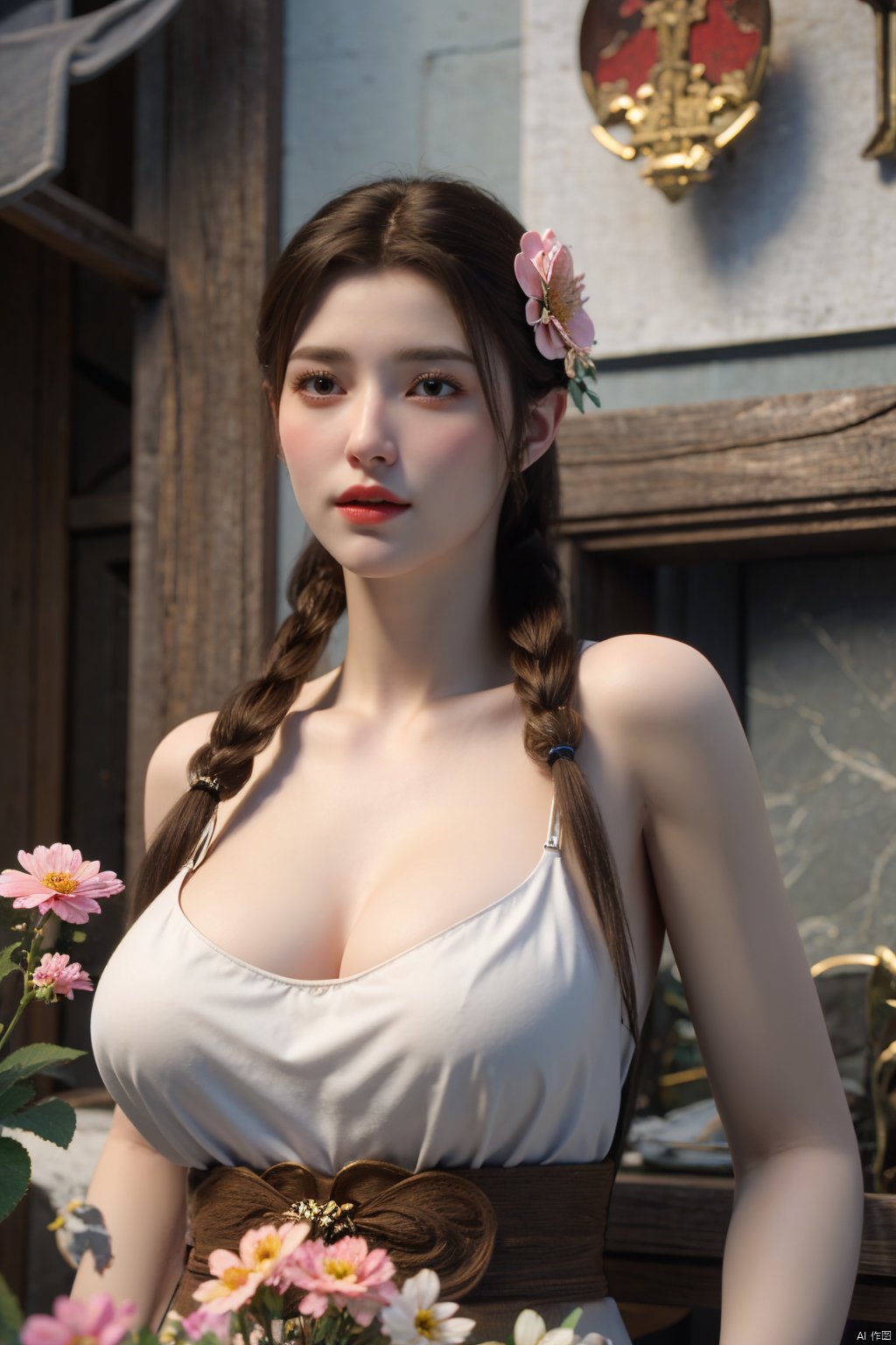 masterpiece,1girl, (big breasts:1.23),(Flowers:1.69),Xdie