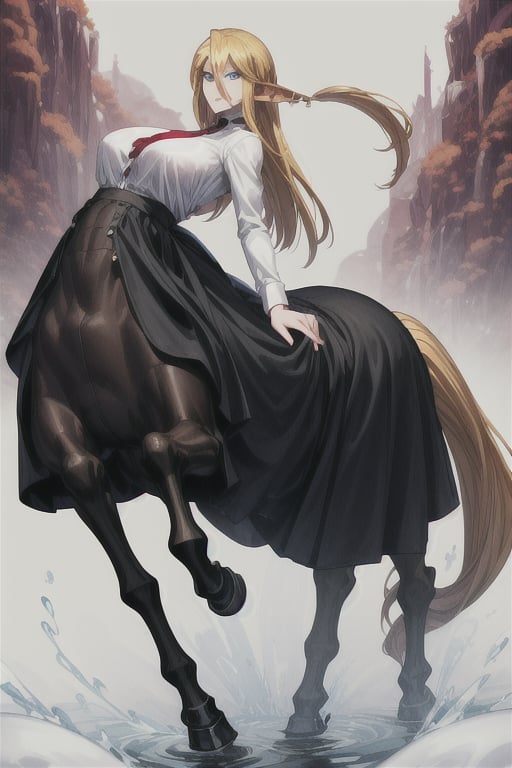 Centorea Shianus poses on a white background, highlighting its elegant posture.  Her human form radiates elegance with a white blouse that accentuates her impressive bust adorned with a bold red tie, while her piercing blue eyes shine with mischief.  A flowing black skirt swirls around her legs, evoking movement and freedom.  Meanwhile, her centaur form takes center stage, the rich brown of her horse body contrasting beautifully with the creamy tones of her skin.  as she proudly displays her half-human, half-horse physique.     Her blonde hair cascades down her back like a golden waterfall, The long ears raised on either side of her head frame her captivating presence,
  A flowing black skirt swirls around her legs, evoking movement and freedom.