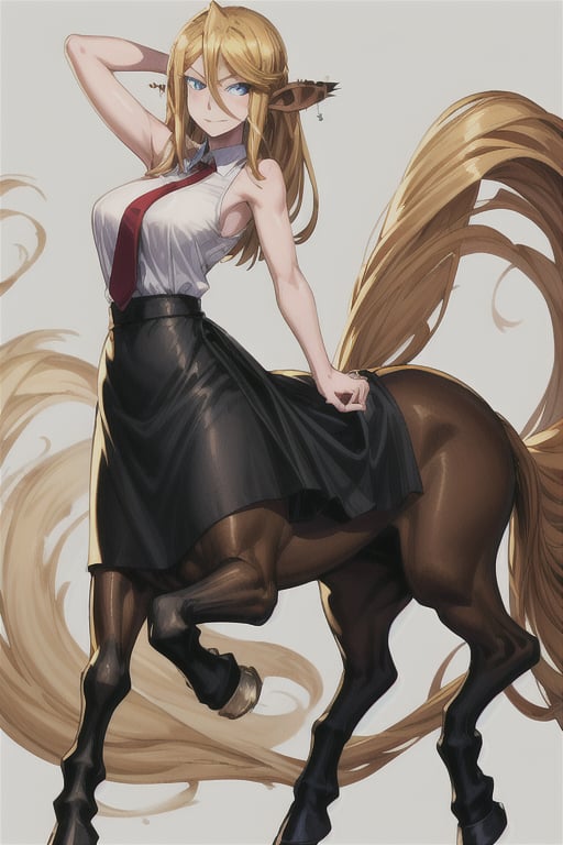 Centorea Shianus poses against a white background, her human form glowing with golden light as she confidently displays her striking features.     A soft smile spreads across her face, illuminating her piercing blue eyes and highlighting her elegant posture.     Her blonde hair cascades down her back, while her centaur-like body takes center stage, its rich brown tones contrasting beautifully with the creamy tones of her skin.     The long ears raised on either side of her head frame the captivating presence of her, cartoon, animation, 
  A crisp white sleeveless shirt hangs loosely across her upper torso, adorned with a bold red tie.   A flowing black skirt swirls around her legs, evoking movement and freedom.