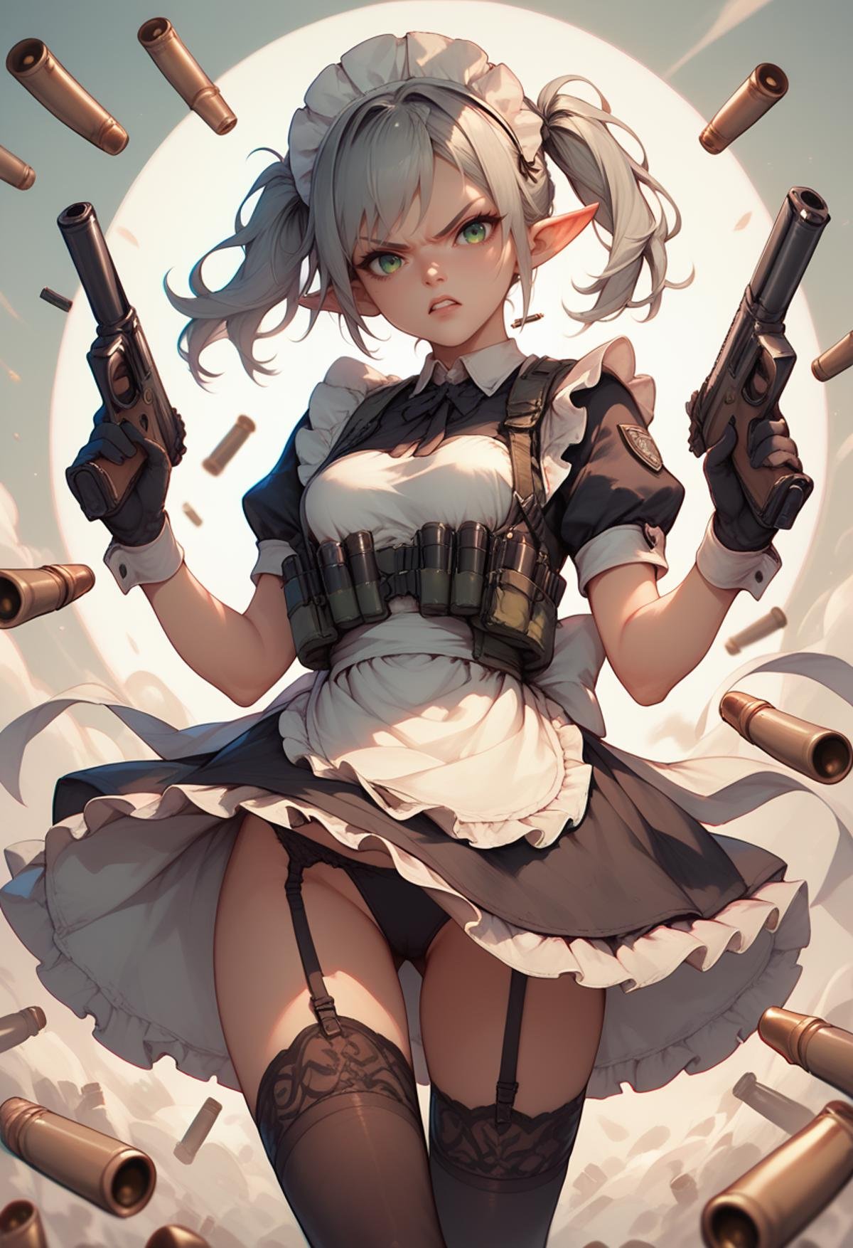 (score_9, score_8_up), score_7_up, zPDXL,1girl, looking at viewer, angry, thighhighs, gloves, dress, holding, twintails, green eyes, weapon, grey hair, pointy ears, black thighhighs, holding weapon, apron, gun, maid, maid headdress, garter straps, elf, holding gun, waist apron, maid apron, tactical gear, bullet proof vest, handgun, bullets, suppressor, black undies<lora:warcore-000011:0.9>