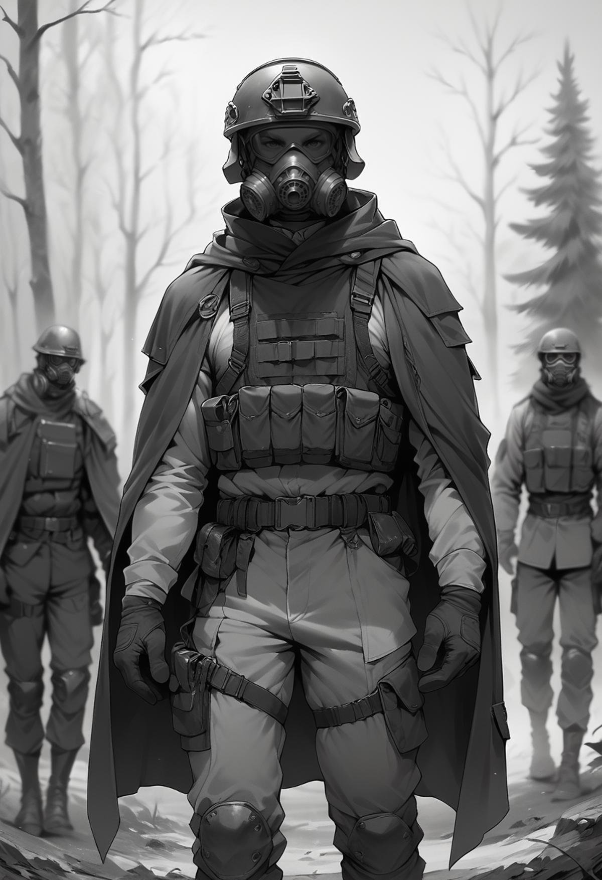 (score_9, score_8_up), score_7_up, gloves, standing, monochrome, weapon, male focus, outdoors, multiple boys, belt, cape, armor, blurry, uniform, tree, gun, military, military uniform, helmet, ambiguous gender, gas mask<lora:warcore-000011:0.9>