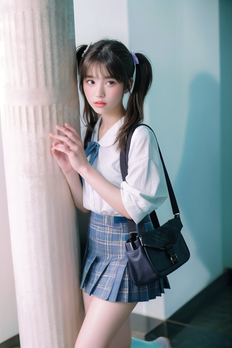 1girl,solo,twintails,school uniform,blazer,checkered skirt,miniskirt,loose socks,pumps,round toes,tote bag,station square,stand leaning against a pillar,bored,operating smartphone,night,highly detailed beautiful face and eyes,chromatic_aberration,bokeh,(depth of field:1.1),chromatic_aberration,psychedelic background,best quality,masterpiece,cinematic lighting
BREAK 
imagine Minimalist Y2K portrait of a girl with bubbly white haircut using Hasselblad camera on white backdrop, by photographer Juergen Teller, retro young Korean idol, sharp contrasty lighting with subtle shadows, desaturated color palette with light baby blue accent, extremely fine details in hair strands and denim textures, 8K ultra high definition studio editorial style