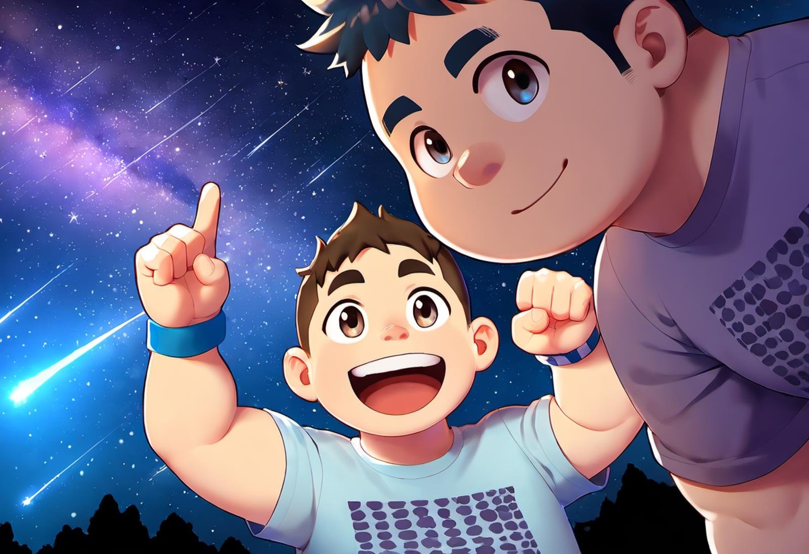 ((2boys, male focus, buddies, laughters)), (bara:1.3), (chubby:1.1), stocky, (round_face), ((t-shirt with patterns, trinket, wristband, short pants)), (night, starry sky, shooting stars), (cool, awesome, crew_cut), (close up), ((flat anime, best quality, best aesthetic, high res)),masterpiece<lora:EMS-387212-EMS:0.300000>