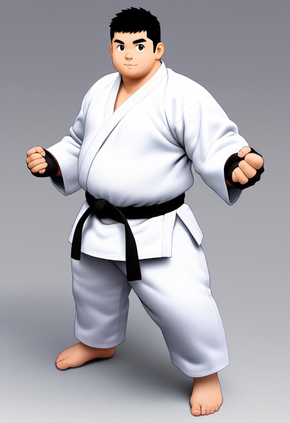 ((1boy, teenager, solo, male focus, confident, front view)), (chubby, bara, stocky), ((white karate gi)), barefoot, ((long pants)), short hair, crew cut, ((full body)), (cool, cute, awesome), (fingerless gloves, black belt), (round face), best quality, anime, masterpiece, amazing quality, best aesthetic, hi res, high details