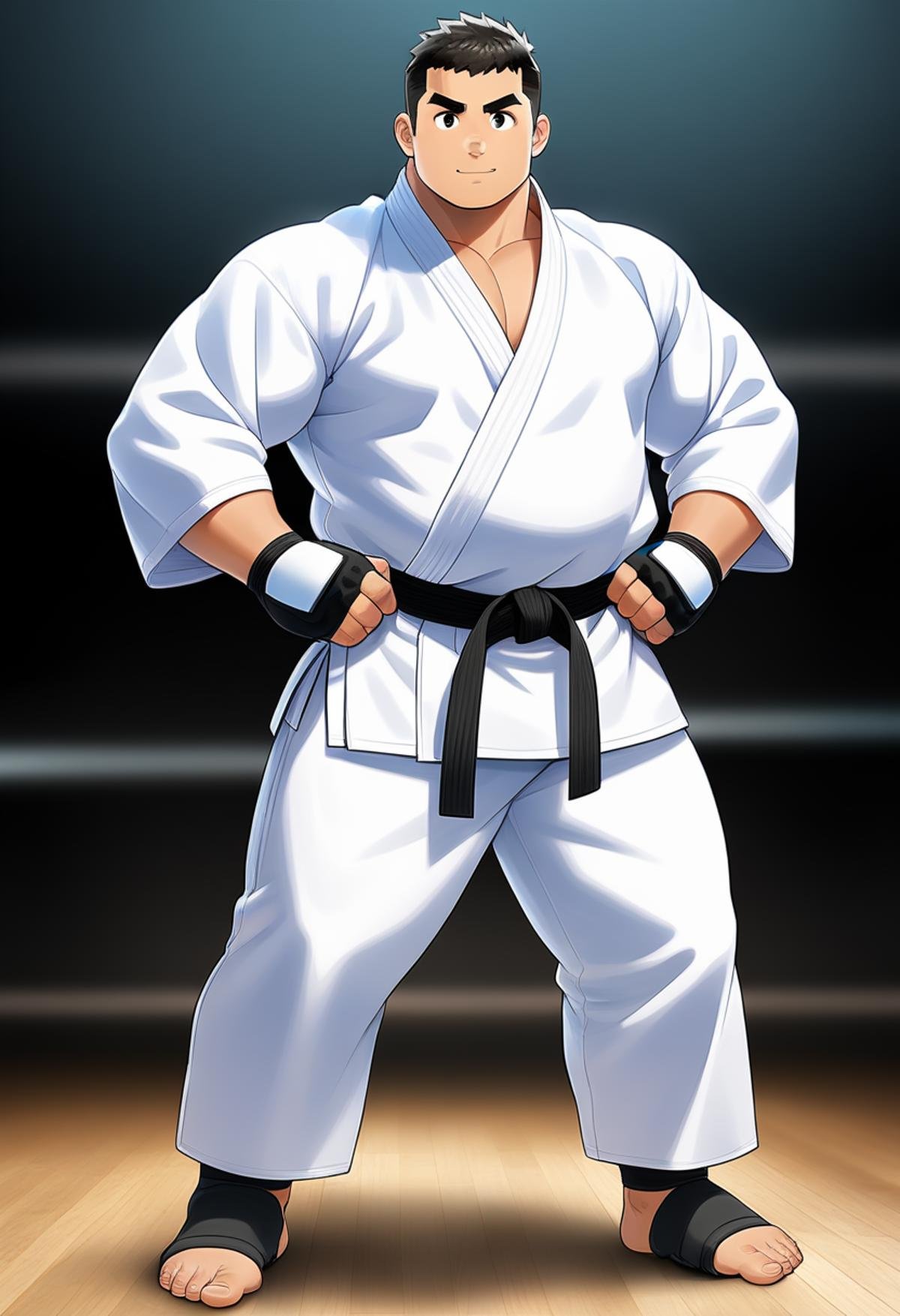 ((1male, solo, male focus, front view)), (chubby:1.0), (bara:1.4), (stocky), ((white karate gi)), barefoot, ((long loose pants)), short hair, crew cut, ((full body)), (cool, awesome), (fingerless gloves, black belt, (foot protectors:1.3)), (round face), dojo background, best quality, anime, masterpiece, best aesthetic, absurdres<lora:EMS-387212-EMS:0.200000>