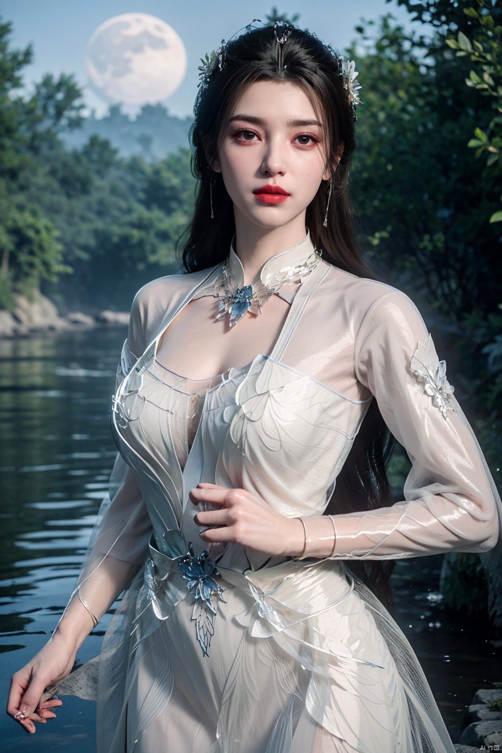  (8k, RAW photo, best quality, masterpiece:1.2), (super realistic, photo-realistic:1.3), ultra-detailed, extremely detailed cg 8k wallpaper, hatching (texture), skin gloss, light persona, (crystalstexture skin:1.2), (extremely delicate and beautiful), ultra-high resolution, (photo realistic: 1.4), Surrealism, Fantastical verisimilitude, beautiful blue-skinned goddess Phoenix Peacock on her head, fantastical creation, thriller color scheme, surrealism, abstract, psychedelic, 1 girl, flower,(translucent white gauze dress:1.3), (moon), moonlight, water surface, long hair, windy, qingyi, ll-hd, pf-hd, ty-hd, lmw-hd,Xlimuwan, Xmedusa,Yunxiao_Fairy,,(big breasts:1.39)