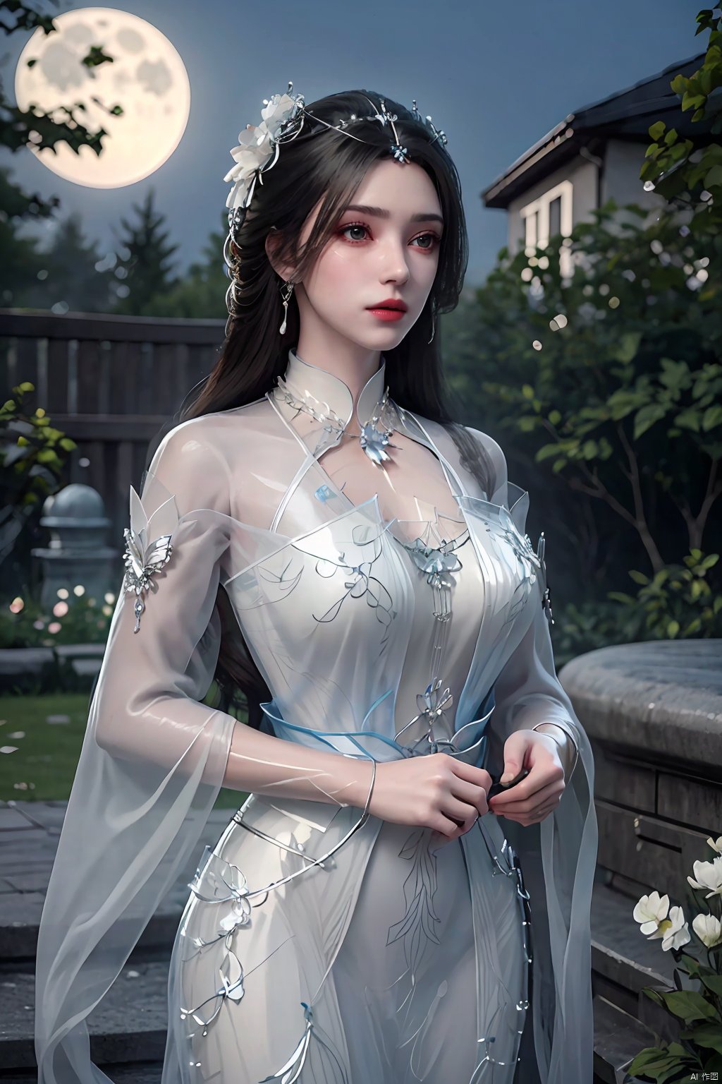  (best quality, masterpiece:1.2), 1 girl, flower, (full moon), moonlight, long hair,white dress,Xlimuwan,,(big breasts:1.3)