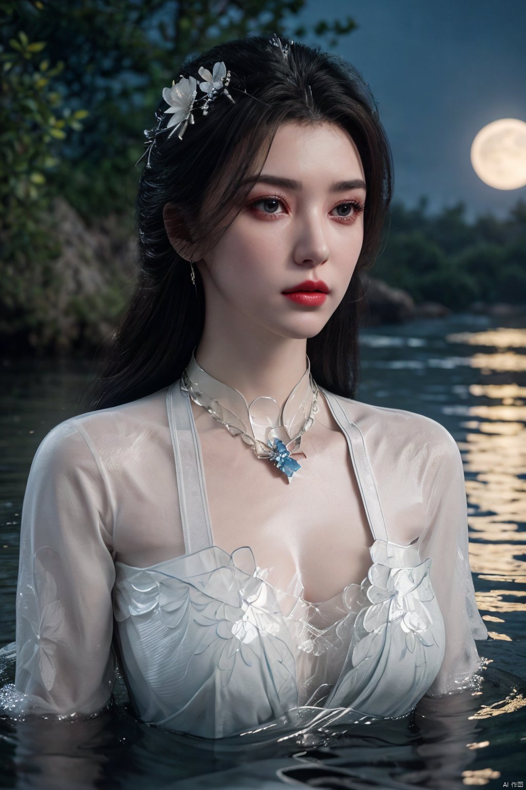  (8k, RAW photo, best quality, masterpiece:1.2), (super realistic, photo-realistic:1.3), ultra-detailed, extremely detailed cg 8k wallpaper, hatching (texture), 1 girl, flower, (moon), moonlight, water surface, long hair, windy,Xlimuwan, Xmedusa,Yunxiao_Fairy,,(big breasts:1.39)