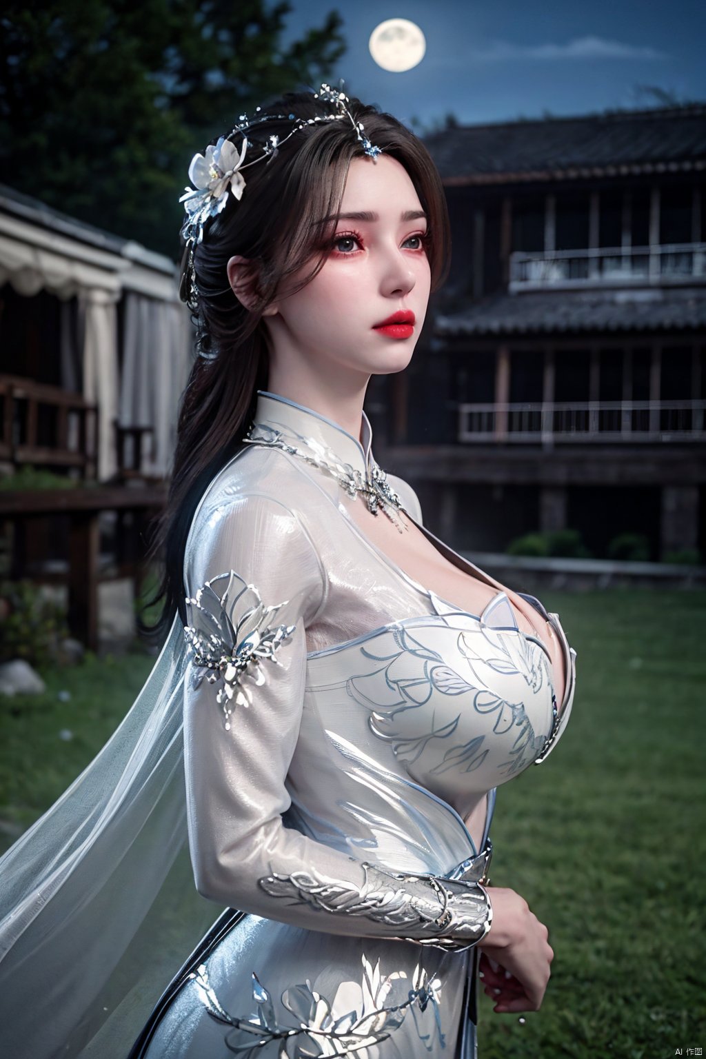  (8k, RAW photo, best quality, masterpiece:1.2), 1 girl, flower, (moon), moonlight, long hair, windy,Xlimuwan, Xmedusa,Yunxiao_Fairy,,(big breasts:1.39)