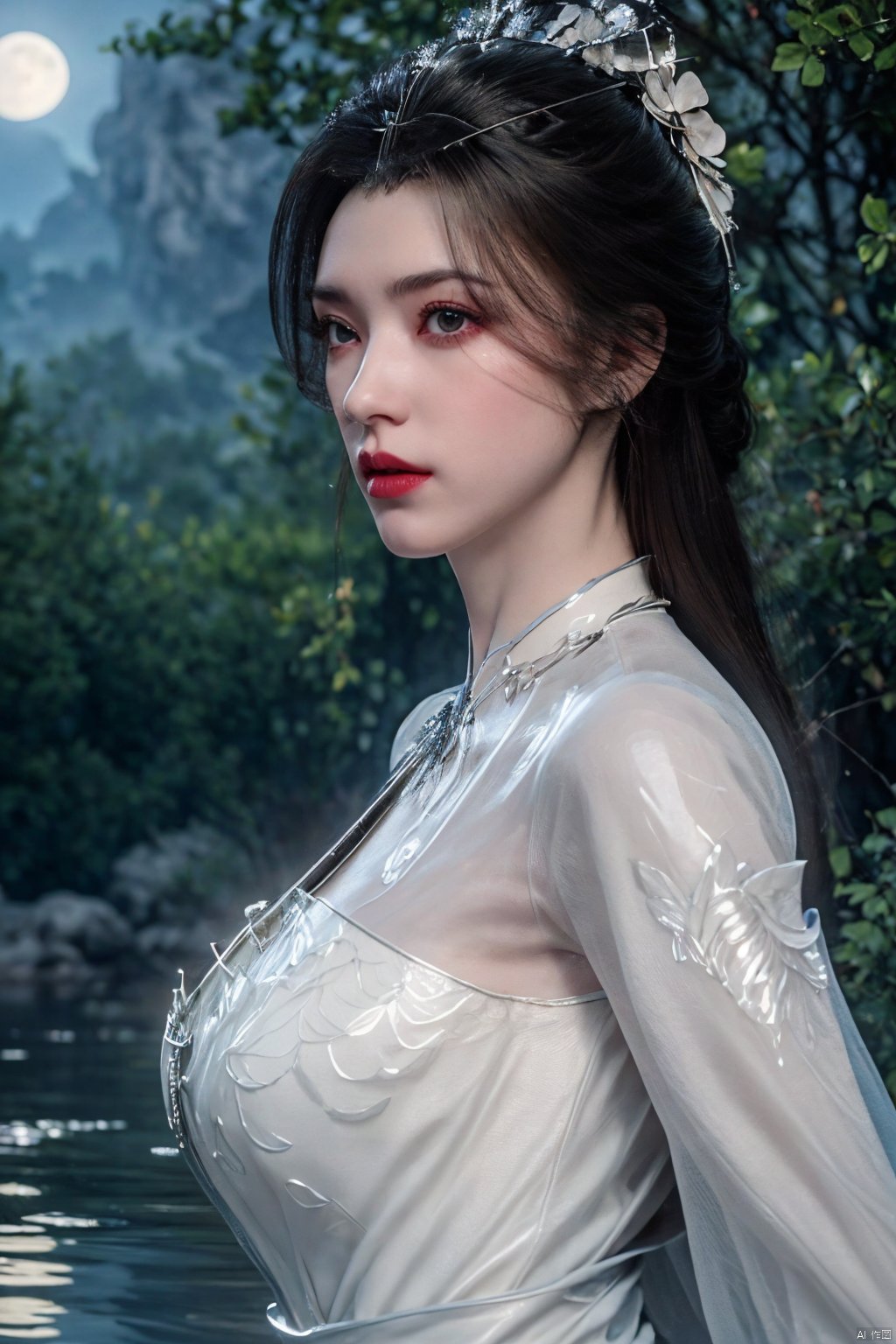  (8k, RAW photo, best quality, masterpiece:1.2), (super realistic, photo-realistic:1.3), ultra-detailed, extremely detailed cg 8k wallpaper, hatching (texture), skin gloss, light persona, (crystalstexture skin:1.2), (extremely delicate and beautiful), ultra-high resolution, (photo realistic: 1.4), Surrealism, Fantastical verisimilitude, beautiful blue-skinned goddess Phoenix Peacock on her head, fantastical creation, thriller color scheme, surrealism, abstract, psychedelic, 1 girl, flower,(translucent white gauze dress:1.3), (moon), moonlight, water surface, long hair, windy, qingyi, ll-hd, pf-hd, ty-hd, lmw-hd,Xlimuwan, Xmedusa,Yunxiao_Fairy,,(big breasts:1.39)