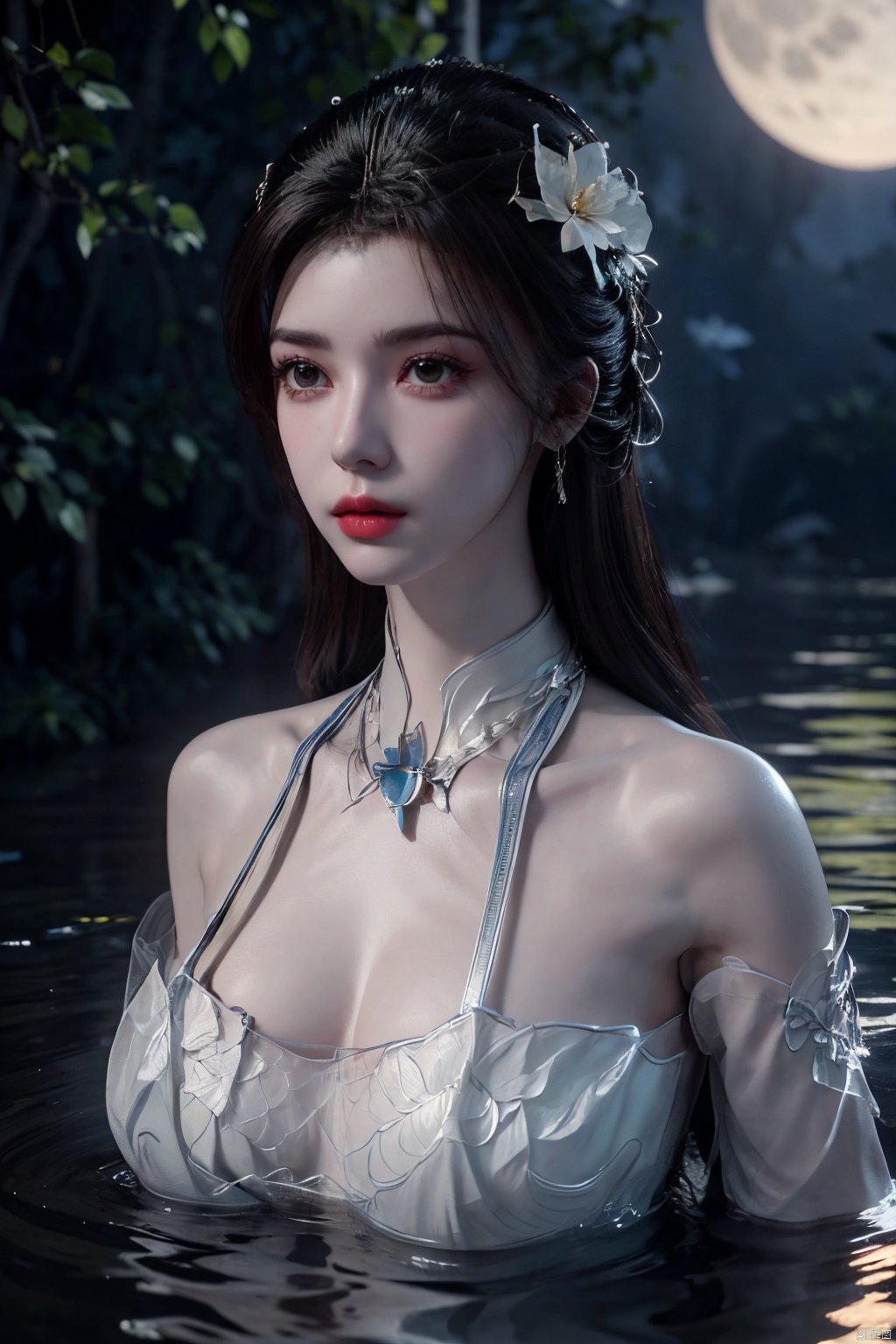  (8k, RAW photo, best quality, masterpiece:1.2), (super realistic, photo-realistic:1.3), ultra-detailed, extremely detailed cg 8k wallpaper, hatching (texture), 1 girl, flower, (moon), moonlight, water surface, long hair, windy,Xlimuwan, Xmedusa,Yunxiao_Fairy,,(big breasts:1.39)